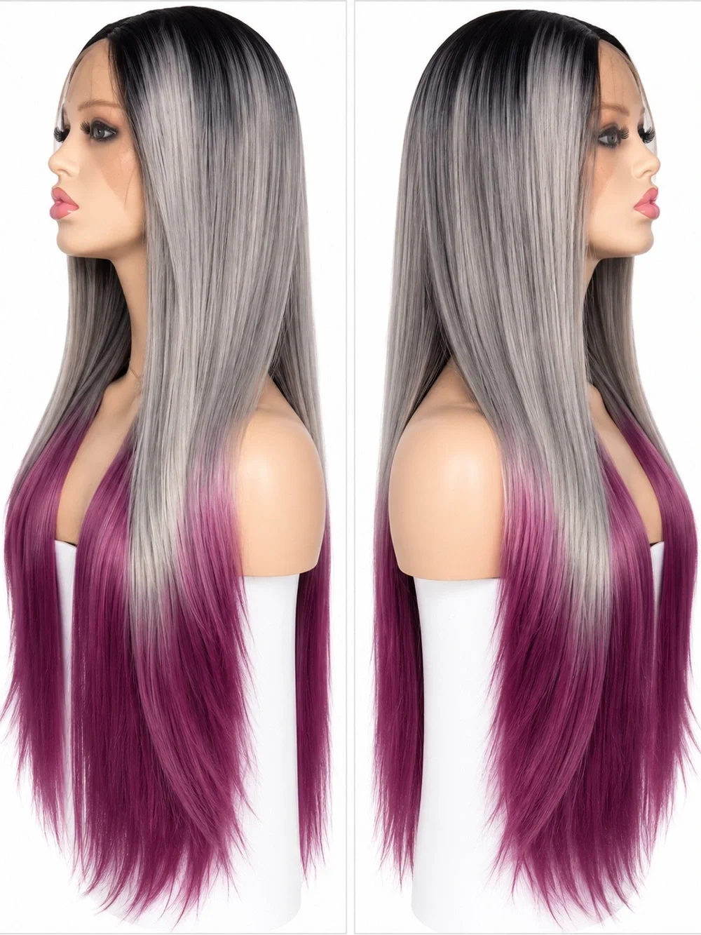 Long Straight Lace Front Wig in Gray to Purple Ombre middle part 26 inches long